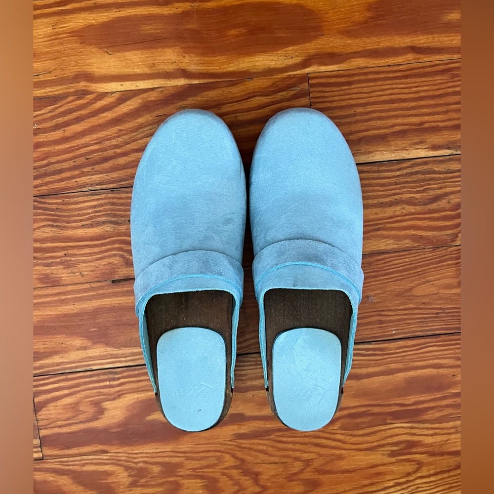 Blue suede clogs